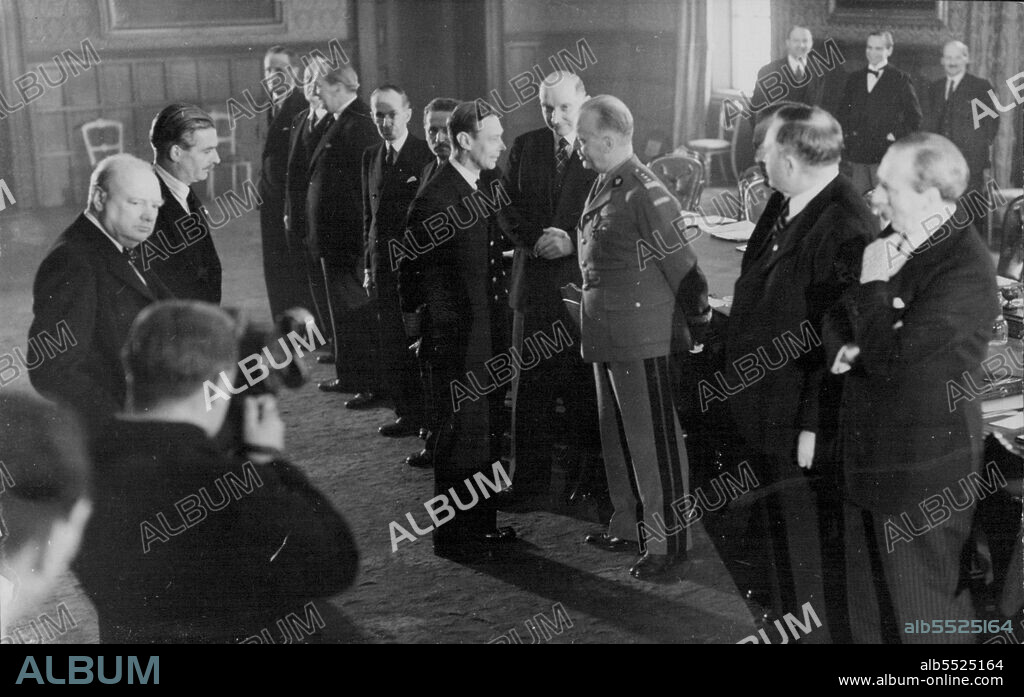 King at Allied and Imperial Conference: The King talking with General Sikorski, Polish Prime Minister at the Conference of Allied and Imperial statesmen at St. James's Palace, Mr. Anthony Eden, Foreign Secretary, and Mr. Churchill are on the left. June 13, 1941. (Photo by Planet News Ltd.).