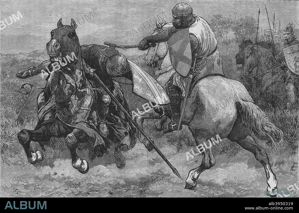'The Death of Bohun', 16 March 1322, (c1880). Humphrey (VI) de Bohun, 4th Earl of Hereford (1276-1322) was a member of a powerful Anglo-Norman family of the Welsh Marches and one of the Ordainers who opposed Edward II's excesses. He met his death on 16 March 1322 at the wooden bridge at Boroughbridge, Yorkshire. From British Battles on Land and Sea, Vol. I, by James Grant. [Cassell Petter & Galpin, London, Paris & New York, c1880].