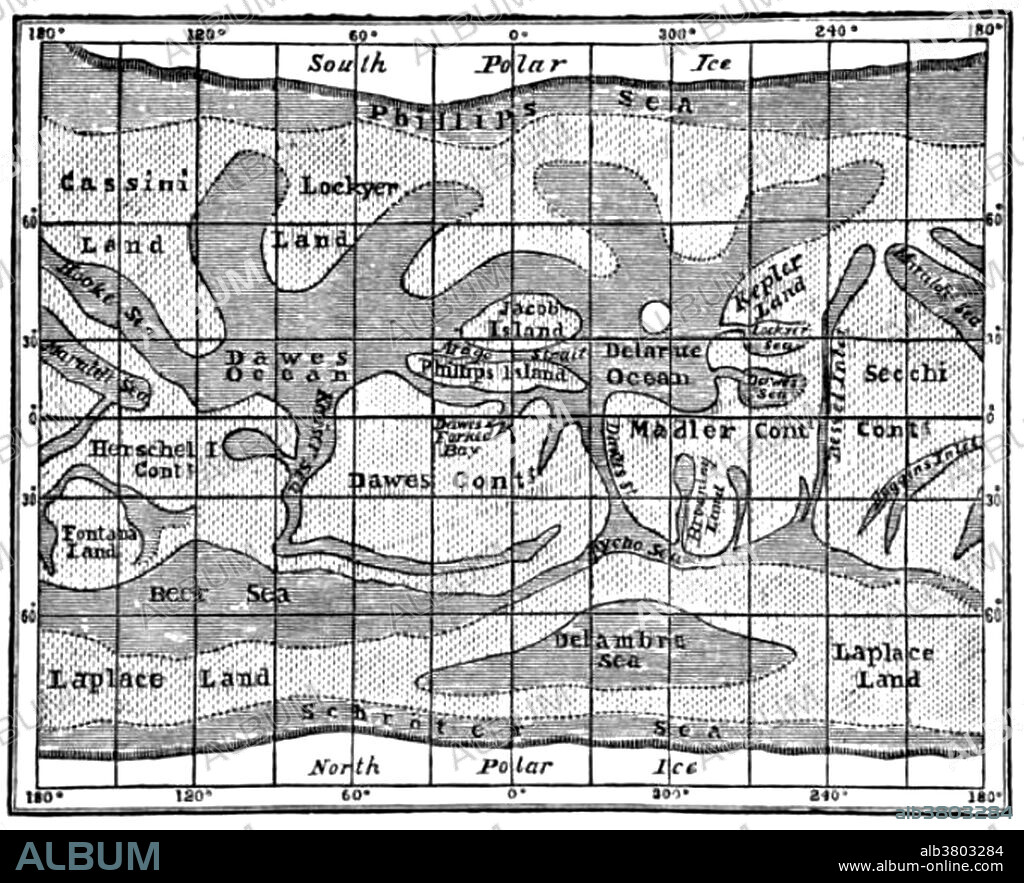 Mars Map. Richard Anthony Proctor (March 23, 1837 - September 12, 1888) was an English astronomer. He is best remembered for having produced one of the earliest maps of Mars in 1867 from 27 drawings by the English observer William Rutter Dawes. Proctor earned a scholarship at St John's College, Cambridge. He graduated in 1860 as 23rd wrangler. He read for the bar, but turned to astronomy and authorship instead, and in 1865 published an article on the Colors of Double Stars. His first book Saturn and its System was published in the same year. The work contained an elaborate account of the phenomena presented by the planet, but although favorably received by astronomers, it had no great sale. He cultivated a more popular style and wrote for a number of periodicals. He became quite popular, and his numerous works had a wide influence in familiarizing the public with the main facts of astronomy. He became a regular contributor to The Intellectual Observer, Chambers Journal and the Popular Science Review. His largest and most ambitious work, Old and New Astronomy, left unfinished at his death, was completed by Arthur Cowper Ranyard and published in 1892. He settled in America some time after his second marriage in 1881, and died of yellow fever in 1888 at the age of 51.