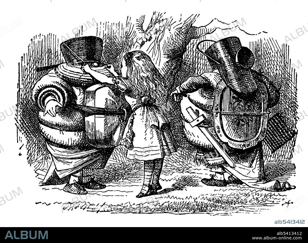 Through the Looking-Glass, and What Alice Found There (1871) is a novel by Lewis Carroll, the sequel to Alice's Adventures in Wonderland (1865). Set six months later than the earlier book, Alice again enters a fantastical world, this time by climbing through a mirror into the world that she can see beyond it. Tweedledum and Tweedledee are fictional characters in an English nursery rhyme and in Through the Looking-Glass, and What Alice Found There. The brothers agree to have a battle, but never have one. When they see a monstrous black crow swooping down, they take to their heels. The names have since become synonymous in western popular culture slang for any two people who look and act in identical ways, generally in a derogatory context. John Tenniel (February 28, 1820, February 25, 1914) was an English illustrator, graphic humourist, and political cartoonist prominent in the second half of the 19th century.
