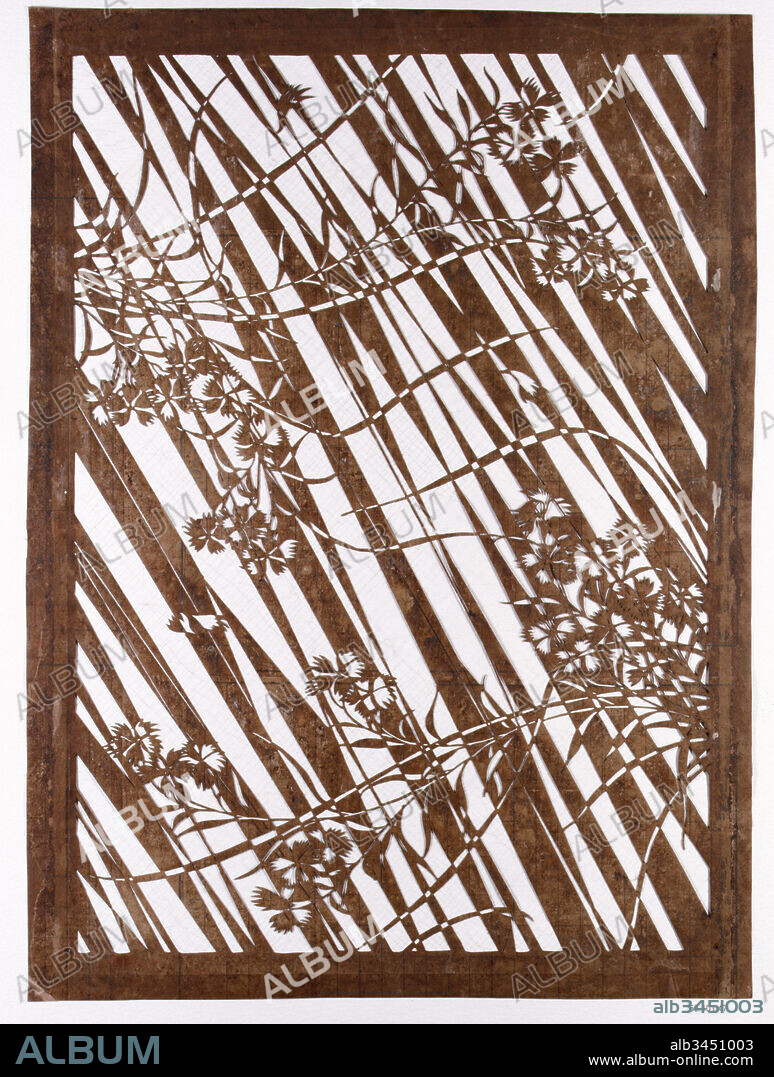 Stencil with Pattern of Pinks, Edo period (1615–1868), 19th century, Japan, Paper and silk, 21 3/4 x 16 in. (55.2 x 40.6 cm), Stencils, This stencil is an excellent example of the textile designer's art, with its masterful play of light and dark, positive and negative. A floral pattern and an irregular diagonal background are also seen in the obi worn by the woman in the accompanying print.