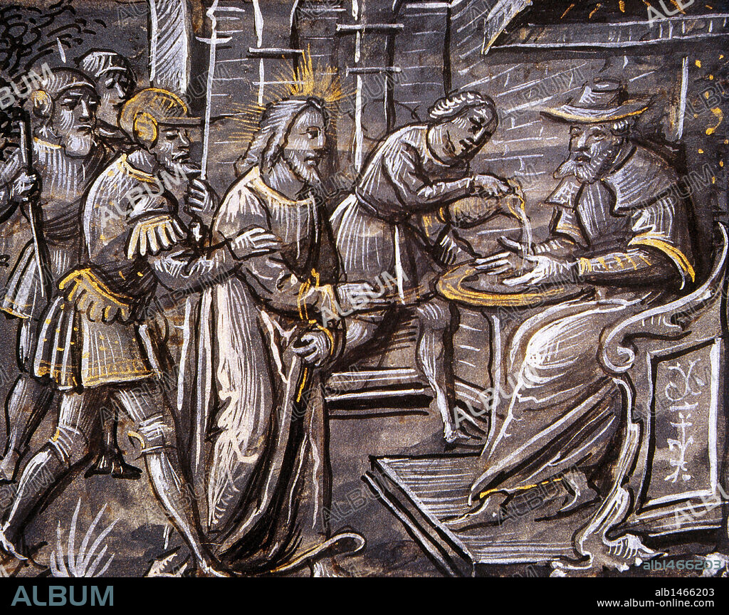 Pontius Pilate. Prefect of the Roman province of Judaea from 26-36 AD. Miniature. Pilate washed his hands. "Poesies Devotes", 16th century. Chateau of Chantilly. France.