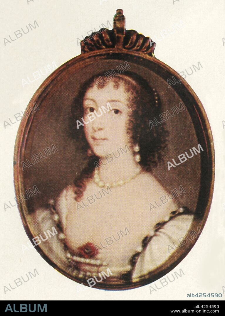 Queen Henrietta Maria, c1640-1643, (1947). Portrait of Henrietta Maria of France, Queen Consort of King Charles I of England. The youngest daughter of Henry IV of France and Marie de' Medici, Princess Henrietta Maria (1609-1669) married Charles I of England in 1625. After a miniature painted c1640-1643 by John Hoskins, in the Fitzwilliam Museum, Cambridge. From "The Saturday Book", Seventh Year, edited by Leonard Russell. [Hutchinson, St. Albans, 1947].