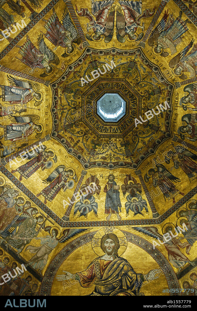 ARTE BIZANTINO. ITALIA. BAPTISTERIO. MOSAICOS con inspiración bizantina existentes en el interior de la CUPULA octogonal Fechados entre los S. XIII-XIV. Atribuídos a artistas venecianos y florentinos, los más antiguos son obra del maestro JACOPO (año 1225). FLORENCIA. La Toscana.