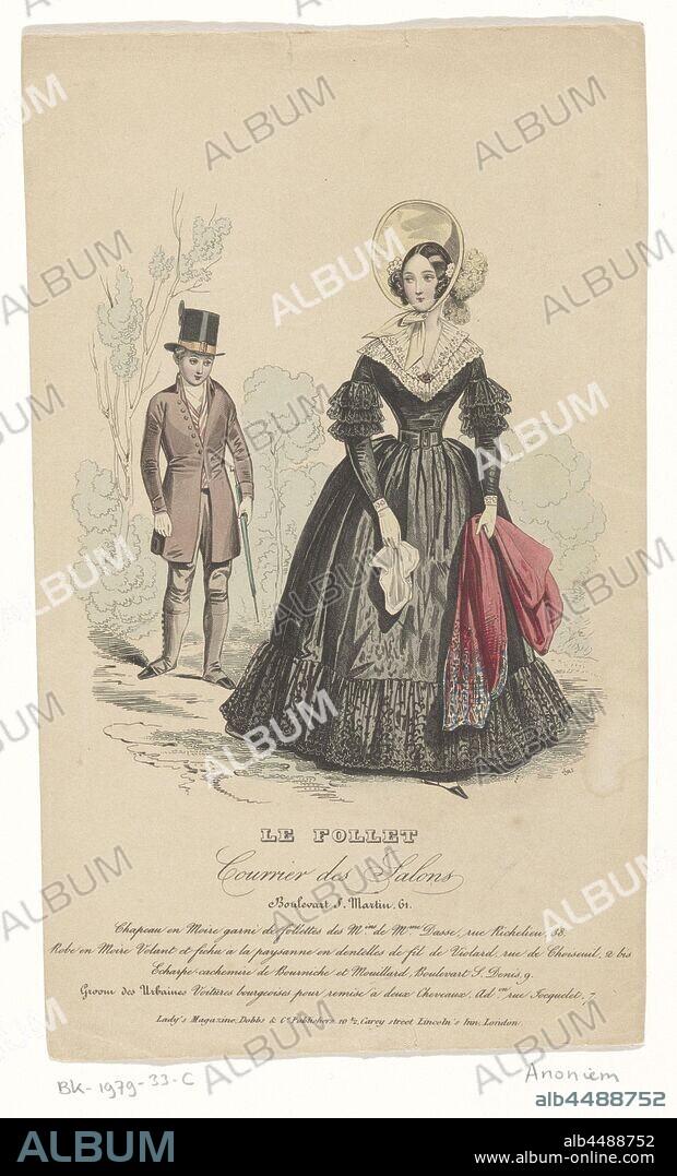 Fashion item of a lady in a black dress with double white lace collar in the background a gentleman with a top hat and trees, Fashion item of a lady in a black dress with double white lace collar. In the background a gentleman with a top hat and trees. Text under the print: LE FOLLET Courier des Salons Boulevart S. Martin, 61. Chapeau and Moire garni de follettes des Mins. the Mme. Dasse, rue Richelieu, 38, Robe and Moire Volant et fichu al la paysanne and dentelles de fil de Violard, rue de Choiseuil, 2a, Echarpe-cachemire de Bourniche et Mouillard, Boulevart S. Denis, 9, Groom des Urbaines Voitures bourgeois pour remise à deux Cheveaux, Ad. on male Focquelet, 7., anonymous, c. 1840 - c. 1850, paper, engraving, h 25 cm × w 14.6 cm.