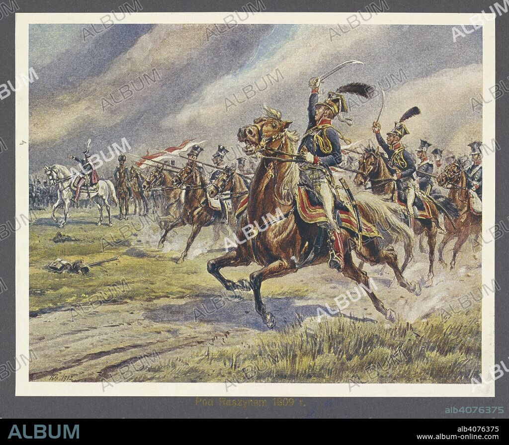 BRONISLAW GEMBARZEWSKI and A. M. SKALKOWSKI. Pod raszynem 1809' (The Battle of Raszyn, 1809). Polish lancers in a cavalry charge. The first Battle of Raszyn was fought on 19 April 1809 between armies of the Austrian Empire and the Duchy of Warsaw, as part of the War of the Fifth Coalition in the Napoleonic Wars. The Austrians were defeated. For this victory, Poniatowski was presented with the grand-aigle de la LÃ©gion d'Honneur, a saber of honor, and a lancer's shako. KsiÃ³Ä…zÌ‡Ã³Ä™ JÃ³zef (Prince JÃ³zef). Ilustracye kolorowe podÅ‚ug obrazÃ³w Br. Gembarzewskiego. [With plates, including portraits.]. Bytom, 1913. Source: 10797.d.2 plate opposite page 288.