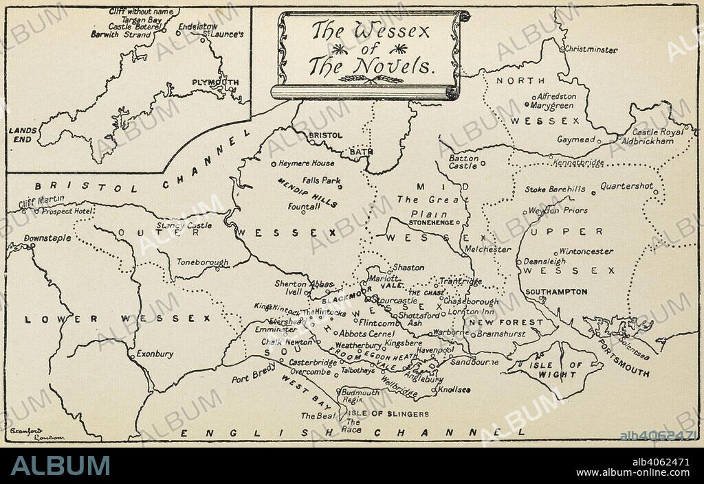The Wessex of the novels. A map showing the places that feature in the novels of Thomas Hardy. Under the greenwood tree. Macmillan, 1925. Source: W9/8284.