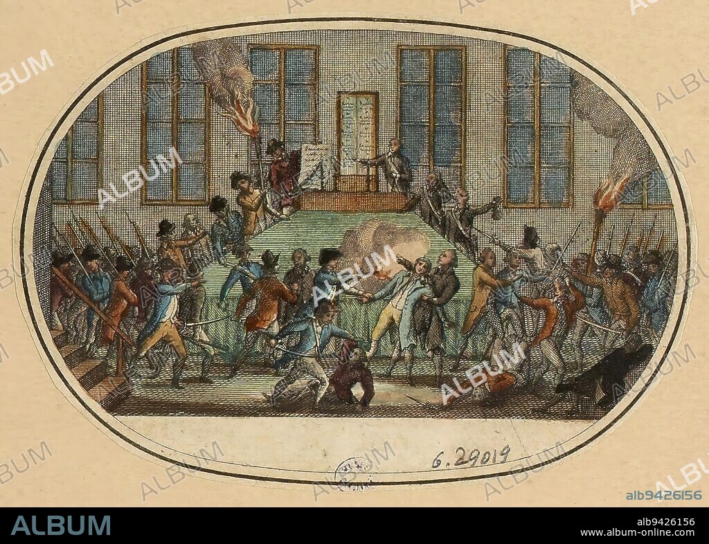 French Revolution: Day of 9 Thermidor Year II or July 27, 1794. Attack against Robespierre at the Paris Commune. Hôtel-de-Ville. 4th district. Plate 8 of the 'Galerie Historique...', Lorent or Laurent, Jean-François, Draughtsman, Jacowick, G., Engraver, Chateigner, Editor, About 17941804, Graphic arts, French Revolution, Print, Height: 8.4 cm, Width: 12.1 cm, Dimensions - Old mount:, Height: 21 cm, Width: 14 cm.