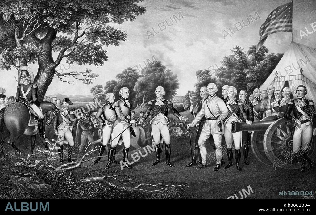 Revolutionary War Print showing the surrender of British General John Burgoyne at Saratoga, on October 17, 1777. This action prevented the British from dividing New England from the rest of the colonies. Featured men include -- British Generals William Phillips and John Burgoyne -- Americans, Daniel Morgan and Horatio Gates.