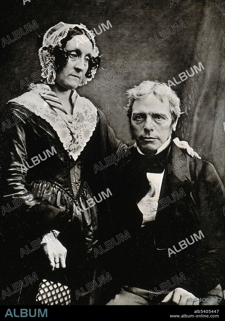 Michael Faraday and his wife, Sarah Faraday. Faraday married Sarah Barnard (1800-79) in 1821. They met through their families at the Sandemanian church, and he confessed his faith to the Sandemanian congregation the month after they were married. They had no children. Michael Faraday (September 22, 1791 - August 25, 1867) was an English chemist and physicist who contributed to the fields of electromagnetism and electrochemistry. He experimented with electricity and magnetism, proposing that magnetism was a circular force. He also discovered magnetic optical rotation, electromagnetic induction, invented the dynamo, perfected the Bunsen burner, and formulated the second law of electrolysis. Author of "Chemical Manipulation", Faraday was self-trained and contributed to the fields of electromagnetism and electrochemistry after an apprenticeship Davy's lab. The farad (F) is named after him. As a chemist, Faraday discovered benzene, investigated the clathrate hydrate of chlorine, invented the system of oxidation numbers, and popularized terminology such as anode, cathode, electrode, and ion. Photograph by Henry Dixon & Sons Ltd, undated.