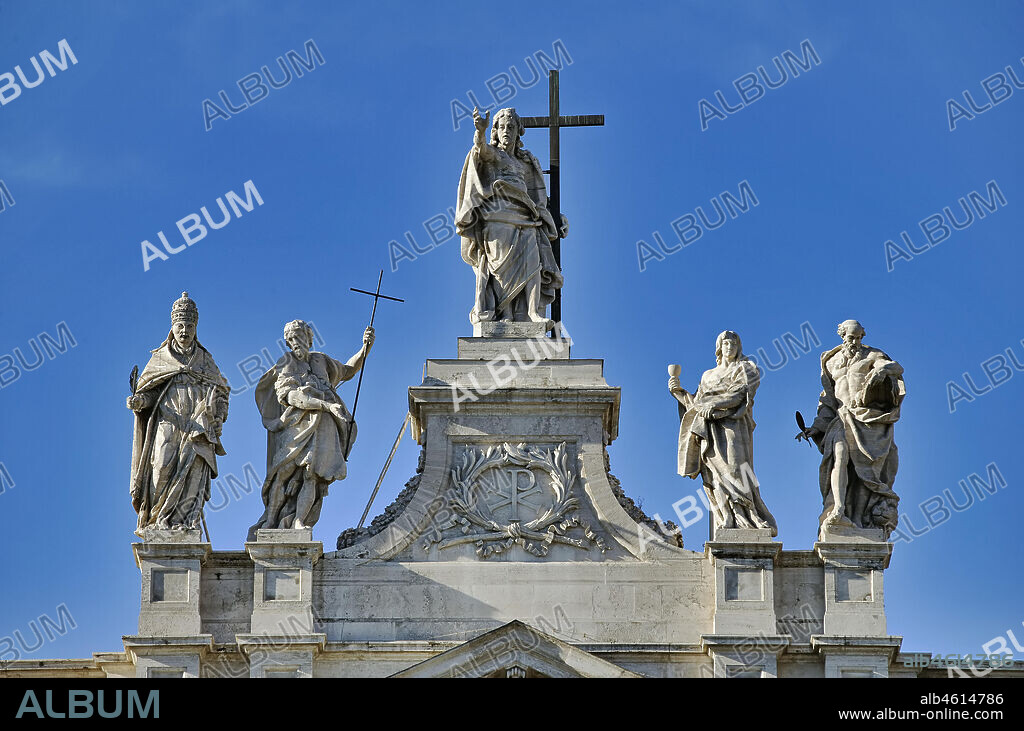Rome, Papal Archbasilica of St. John Lateran: detail of the crowning of the facade, with Statues of Christ and bishops.