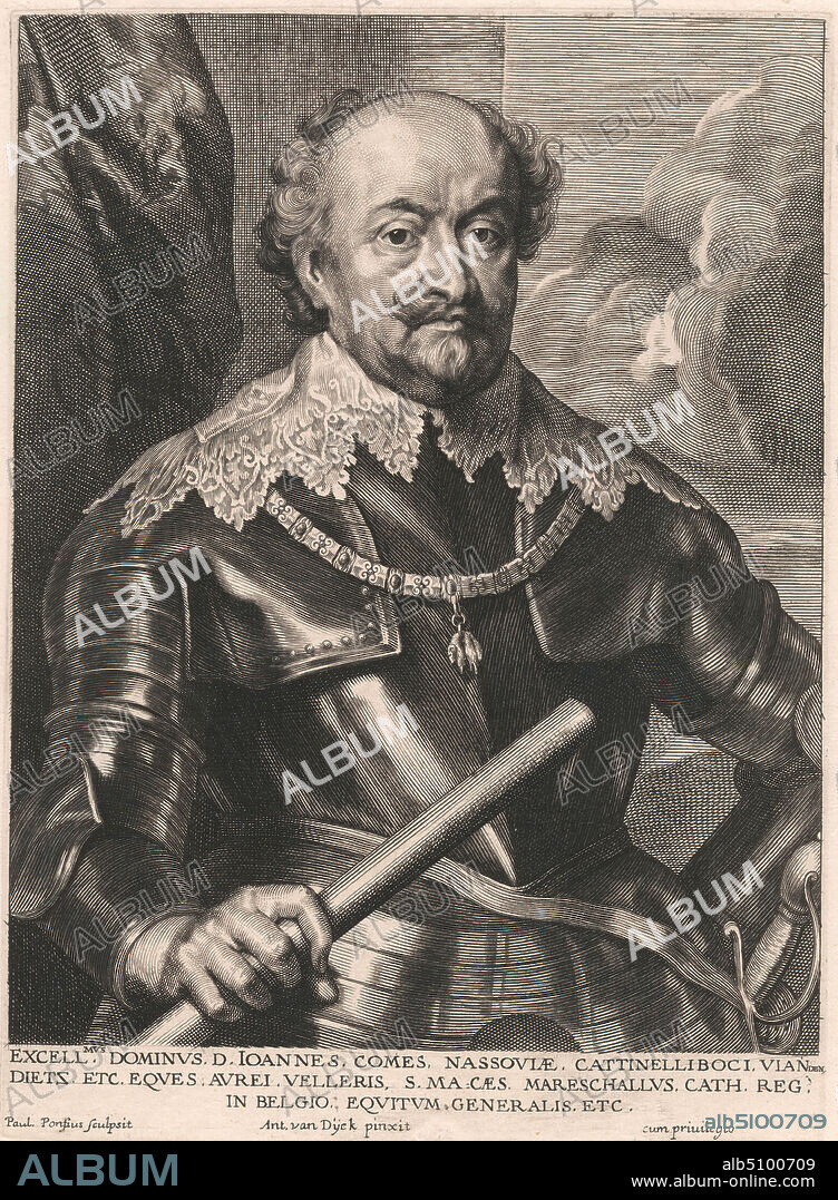 Excellmus. Dominus. D. Joannes. Comes. Nassoviæ. Cattinelliboci. Vian Dietz. Etc, Paulus Pontius, 16031658, Flemish, after Sir Anthony Van Dyck, 15991641, Flemish, active in Britain (162021; 163234; 163541), ca.1635, Line engraving and stipple engraving on medium, slightly textured, cream, laid paper, Sheet: 12 7/8 × 9 3/8 inches (32.7 × 23.8 cm), Plate: 9 1/2 × 6 15/16 inches (24.1 × 17.6 cm), and Image: 8 3/4 × 6 13/16 inches (22.2 × 17.3 cm).