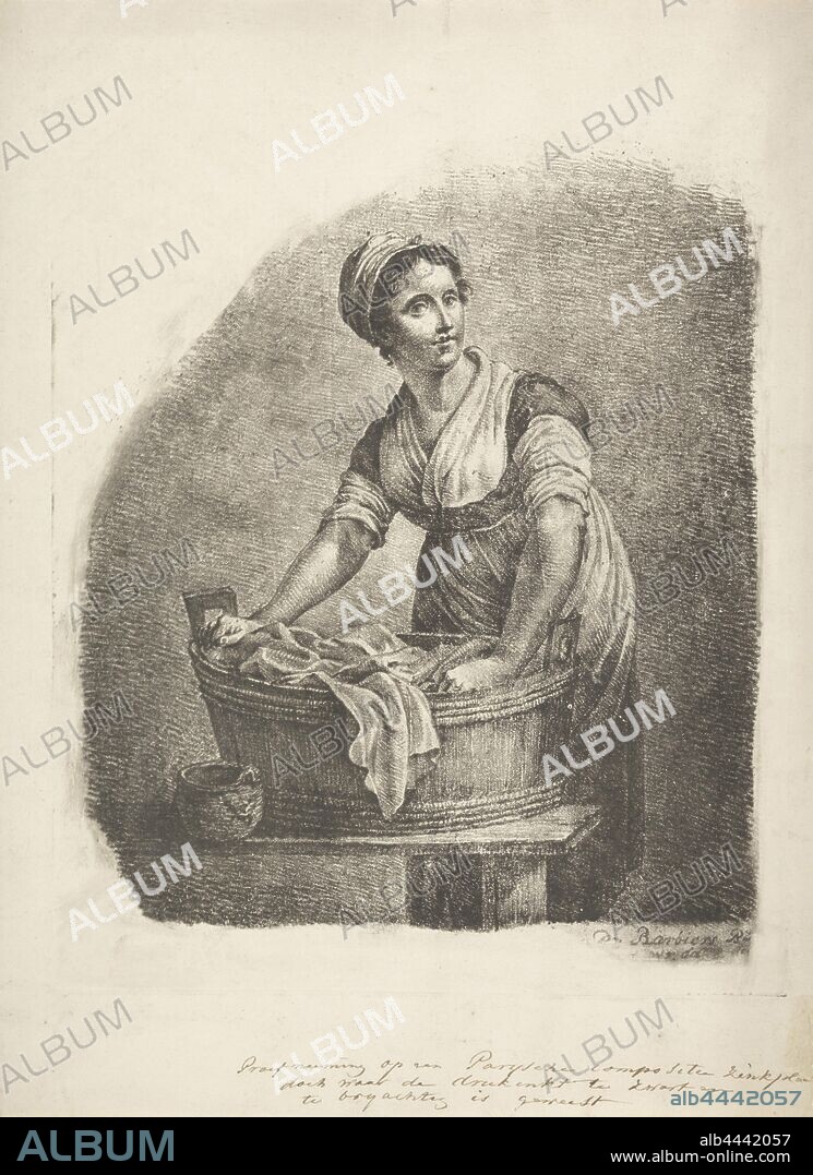 Woman at a washtub, A woman is bent over a table with a tub on it. She has her hands in the tub with laundry, laundering, wash house, home laundry, laundry room, Pieter Bartholomeusz. Barbiers (mentioned on object), Haarlem, 1809 - 1837, paper, h 314 mm × w 240 mm.