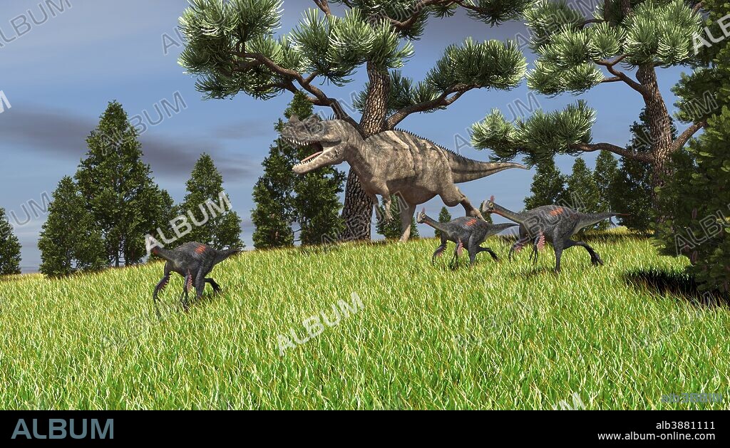 Ceratosaurus chasing a group of Gigantoraptors.