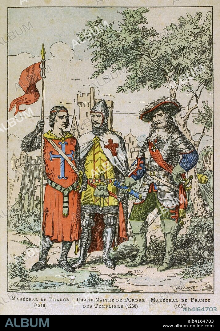 Mariscal de Francia en 1249, Gran Maestre de la Orden de los Templarios en 1260 y Mariscal de Francia en 1667. Ilustración a color de la "Armeé Française, Nos Soldats" (Ejército Francés, Nuestros Soldados). Autor, Eugene Hennebert (1826-1896). París, h. 1890. Biblioteca Histórico Militar de Barcelona, Cataluña, España.