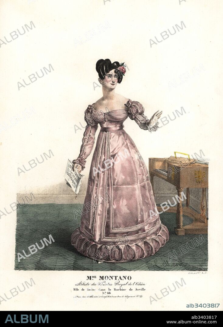 Contralto singer Madame Montano as Rosine in the opera Le Barbier de Seville by Gioachino Rossini, Theatre Royal de l'Odeon, 1823. Handcoloured lithograph by F. Noel after an illustration by Lavigne Marin from Portraits d'Acteurs et d'Actrices dans different roles, F. Noel, Paris, 1825.