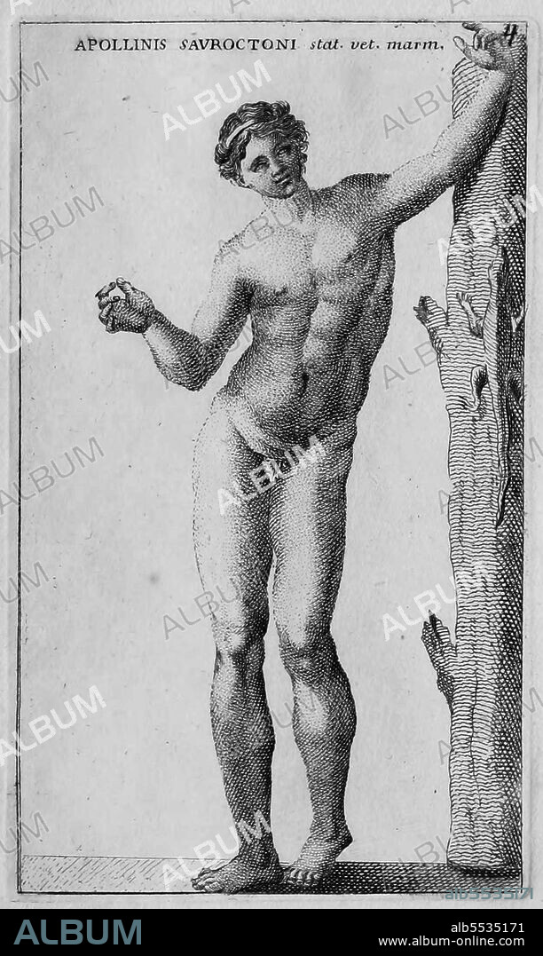 Der romische Gott Apollo, Marmorstatue aus dem Museo Clementino, historisches Rom, aus Calcografia di Roma, Serafino Giovannini, 1779 .