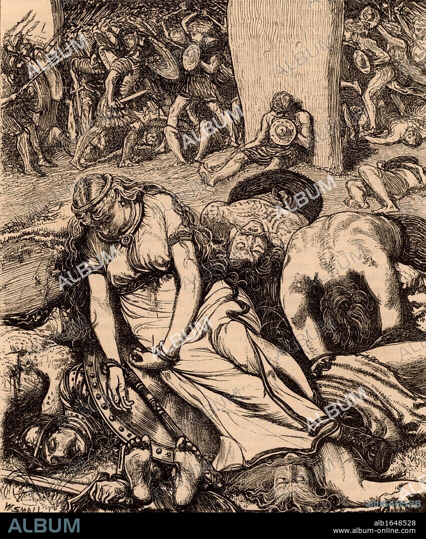 Boudicca (Boadicea) 1st century British queen of the Iceni after her defeat. Overwhelmed by the Romans under Suetonius, Boudicca is said to have taken poison. The location of the battle is unknown, but some think it is likely to have been at the junction of the Fosse Way and Watling Street in Leicestershire, England. Wood engraving c1870.