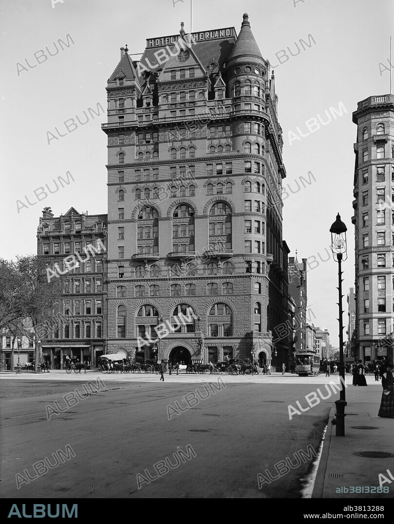 Hotel New Netherland (later Hotel Netherland) was located at the northeast corner of Fifth Avenue and 59th Street, in Manhattan, in what is now the Upper East Side Historic District. Built in 1892-93 to a design by William H. Hume for William Waldorf Astor. It was 234 feet in height with 17 stories, among the first steel-framed buildings in the city. It was classified as a luxury hotel, rather than one with apartment accommodations as it provided permanent accommodations to its residents, albeit without kitchens. Meals were served in the hotel's dining room, the Louis Sherry restaurant. Renamed the Hotel Netherland in 1908, the neo-Romanesque structure was razed in 1927, replaced by the Sherry Netherland Hotel. Photographed by the Detroit Publishing Company, 1901.