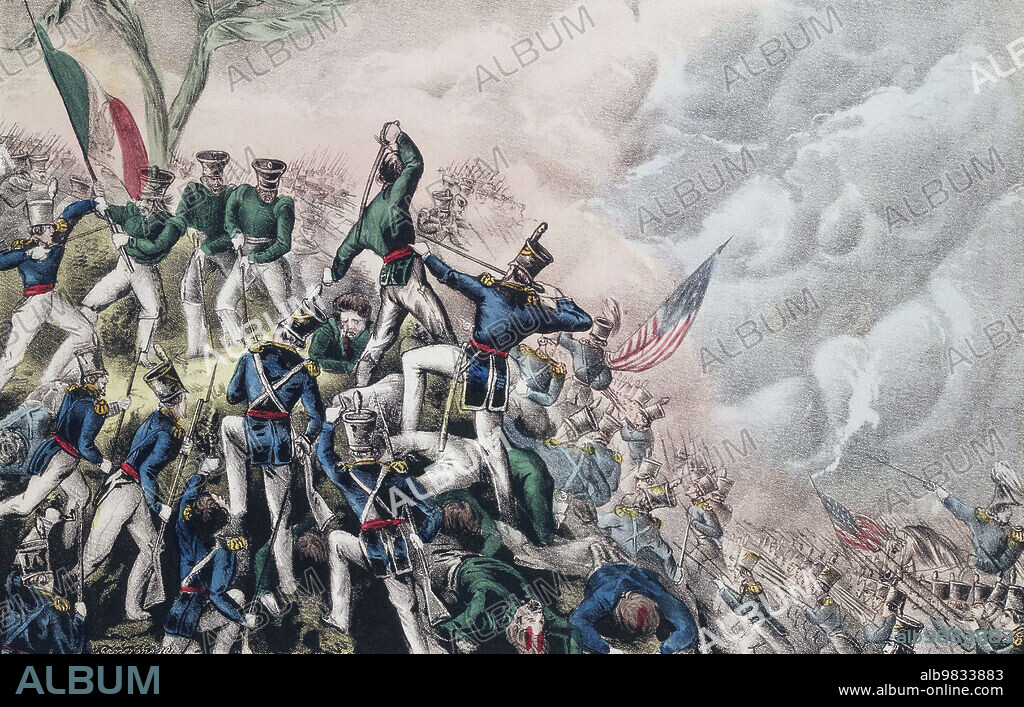 The Battle of Buena Vista, February 22-23, 1847, aka the Battle of La Angostura fought during the Mexican-American War, 1846 - 1848. After a work published by Nathaniel Currier in 1847.