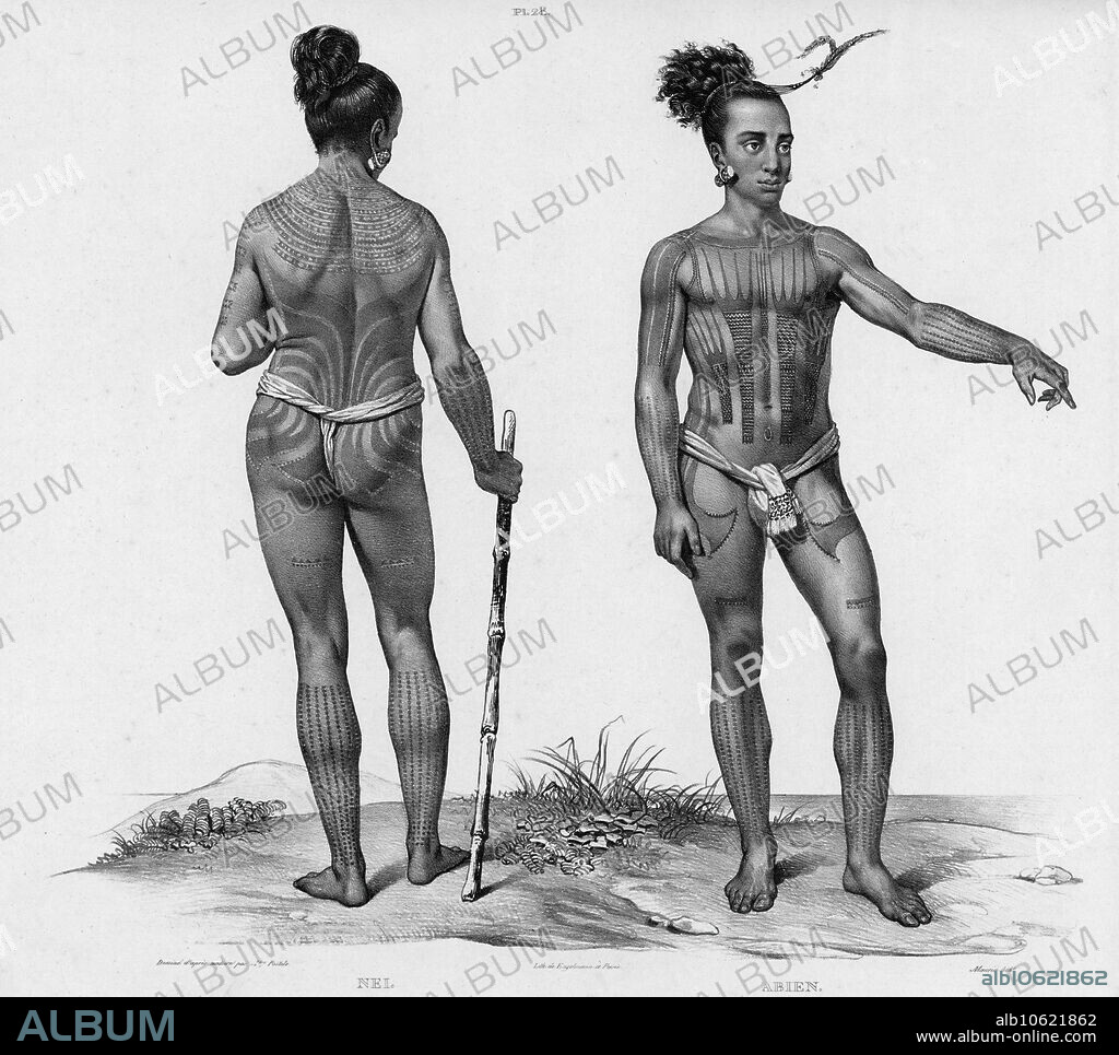 GODEFROY ENGELMANN y ALEXANDER POSTELS. Inhabitants of the lower Caroline Islands, 19th century. One of 65 lithographs that were included in the volume of maps published after the round-the-world voyage of the corvette Seniavin commissioned by Tsar Nicholas I and carried out in 1826-29 under the command of Captain Fedor Litke (the Russian version of the name of Count Friedrich Lu¨tke, a Baltic German). The expedition began in Kronstadt (the main imperial Russian naval base near Saint Petersburg where Russian circumnavigations typically began and ended); it then traveled around Cape Horn to the Pacific Ocean. This voyage was one of many Russian scientific naval surveys in the first part of the 19th century.