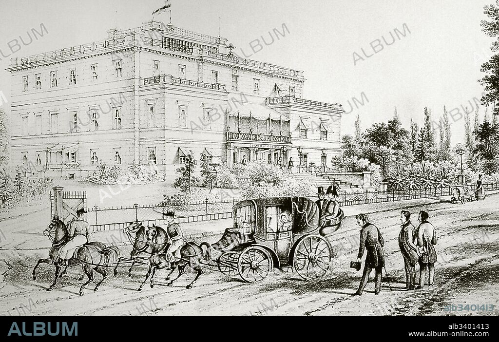 Historia de Polonia. Siglo XIX. Epoca de la Revolución Industrial. Alta Silesia. Paseo en carruaje. Grabado.