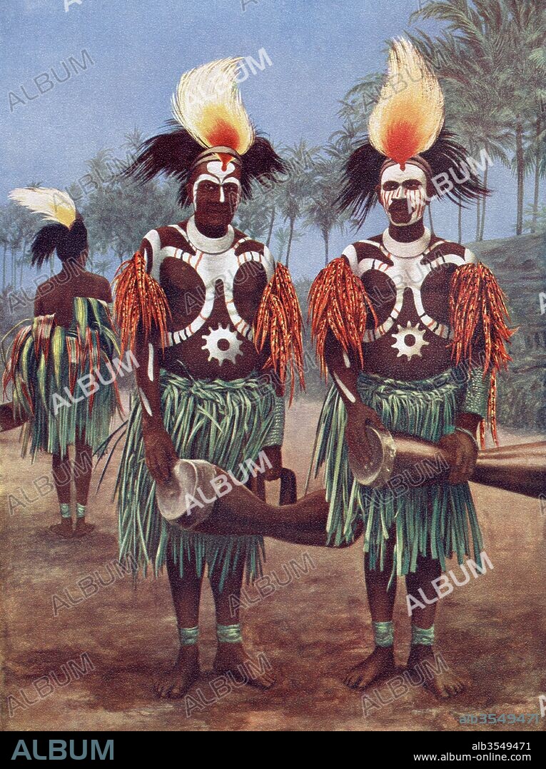 Dancers of the Fly River Region, Papua New Guinea, Oceania in typical traditional costume. After a 19th century illustration. From Customs of The World, published c.1913.