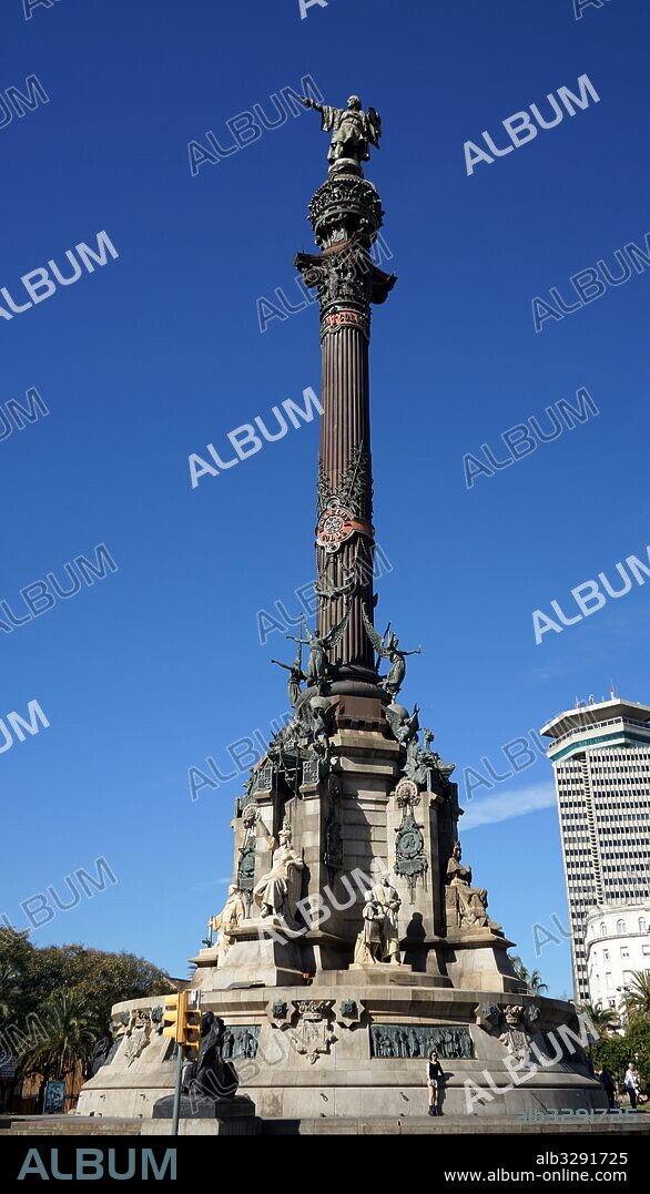 The Columbus Monument (Monumento a Colón or Mirador de Colón) a 60 m (197 ft) tall monument to explorer, Christopher Columbus at the lower end of La Rambla, Barcelona, Catalonia, Spain. Erected in 1888, in honour to Columbus first voyage to the Americas.