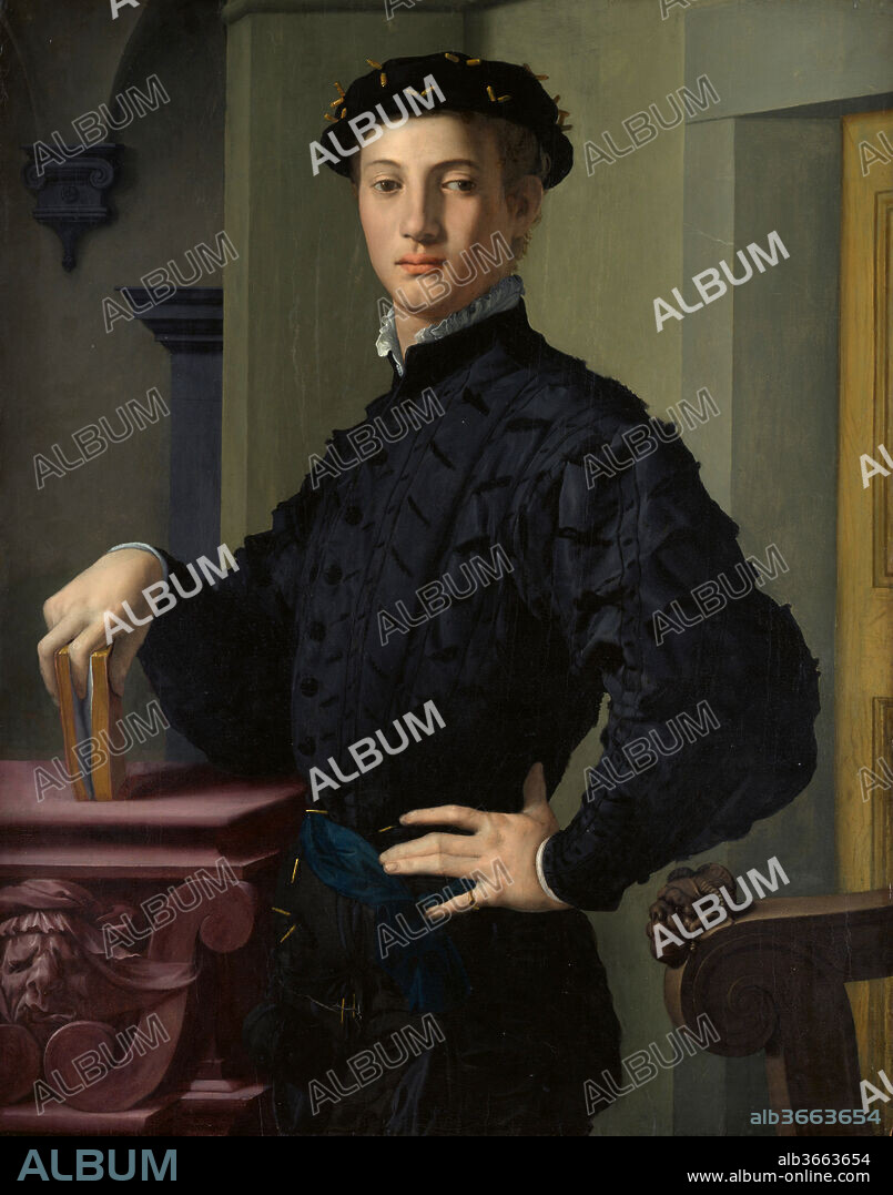 Portrait of a Young Man. Artist: Bronzino (Agnolo di Cosimo di Mariano) (Italian, Monticelli 1503-1572 Florence). Dimensions: 37 5/8 x 29 1/2 in. (95.6 x 74.9 cm). Date: 1530s.

The sitter of this arresting portrait remains unknown, but he was part of Bronzino's close circle of literary friends in Florence and probably holds a book of poetry. The artist was himself a poet, delighting as much in the beauty of language as he did in the witty and fanciful details of his paintings. Here, viewers would have appreciated the carved grotesque heads on the table and chair, and the almost hidden, masklike face suggested in the folds of the youth's breeches as comments on masks and disguises. Bronzino has delineated a sophisticated visual identity for his sitter.