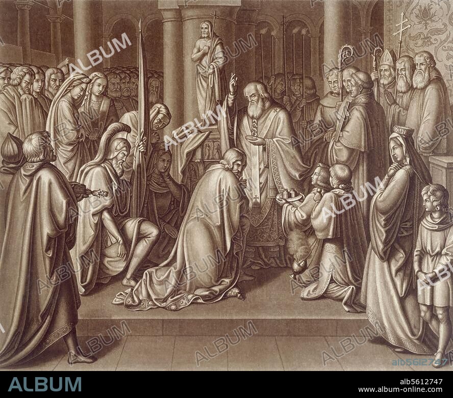 Chlodwig I., Frankenkönig aus dem Haus der Merowinger; um 466 - 511. "Klodwigs Taufe". (496 oder 506; Bischof Remigius von Reims tauft Chlodwig). Aquatintaradierung von Wilhelm Nilson nach Christian Ruben (1805-1875). Aus:. E.Münch, Pantheon der Geschichte des deutschen Volkes, Freiburg i. B. (c. 1827).