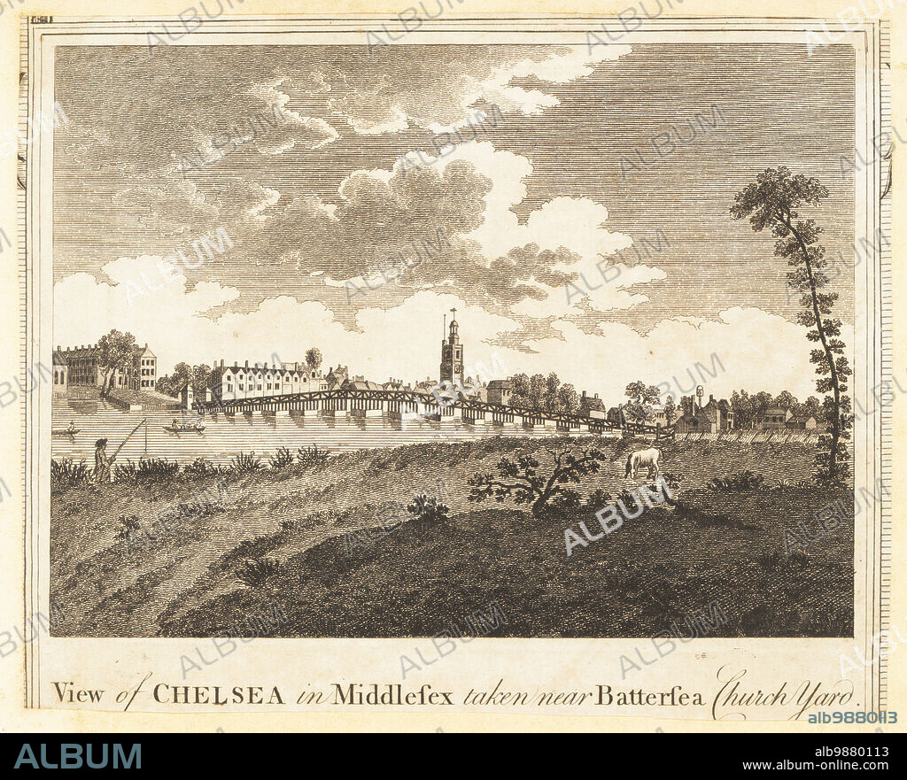 View of Battersea Bridge, Chelsea Old Church, on the River Thames, London, 1784. The 19-span wooden Battersea Bridge was built in 1771 by architect Henry Holland. View of Chelsea in Middlesex taken near Battersea Church Yard. Copperplate engraving from George Walpoole's New British Traveller, Alexander Hogg, London, 1784.