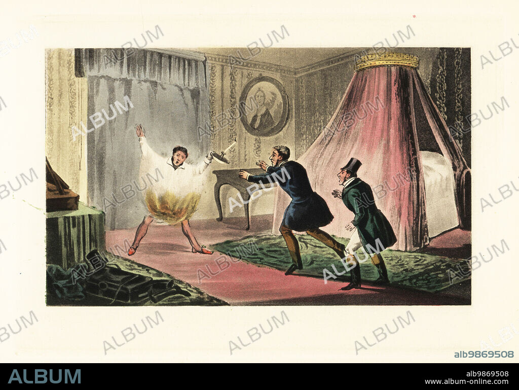 English gentleman lighting his nightshirt on fire with a candle. John Mytton, drunk, tried to cure his hiccoughs by setting his clothes on fire. He was saved by two men in his bedroom. Damn this hiccup! Chromolithographic facsimile of an illustration by Henry Thomas Alken from Memoirs of the Life of the Late John Mytton by Nimrod aka Charles James Apperley, Kegan Paul, London, 1900.