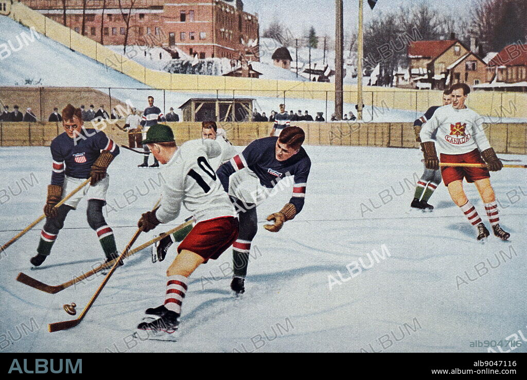 Photograph of Canada Vs. America in the Ice hockey at the 1932 Winter Olympic games. Canada won gold while America came second taking silver.