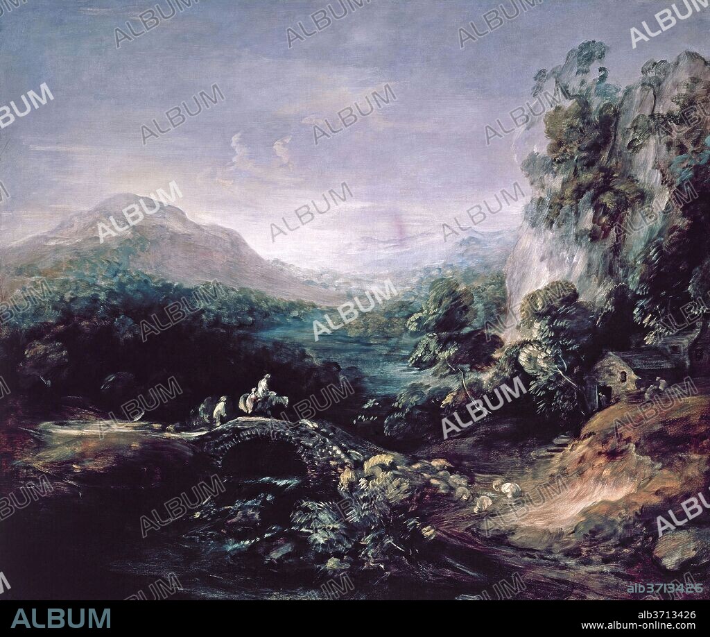 THOMAS GAINSBOROUGH. Mountain Landscape with Bridge. Dated: c. 1783/1784. Dimensions: overall: 113 x 133.4 cm (44 1/2 x 52 1/2 in.)  framed: 146.7 x 167.6 cm (57 3/4 x 66 in.). Medium: oil on canvas.