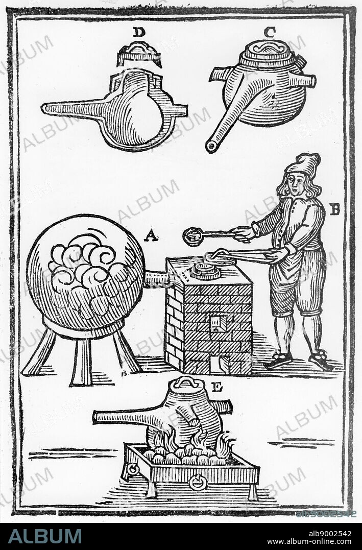 Distillation of oil of vitriol also known as sulphuric acid, 1651. Iron retort with cover, detail at C,D, is placed in furnace and connected to receiver at A. At B the operator is removing pot lid with tongs and inserting ingredients with a ladle. This process entailed prolonged heating. At E is a pot placed directly on the fire rather than in furnace. From 'A Description of New Philosophical Furnaces', by Johann Rudolph Glauber. (London 1651). First English edition, translated by John French. Woodcut.