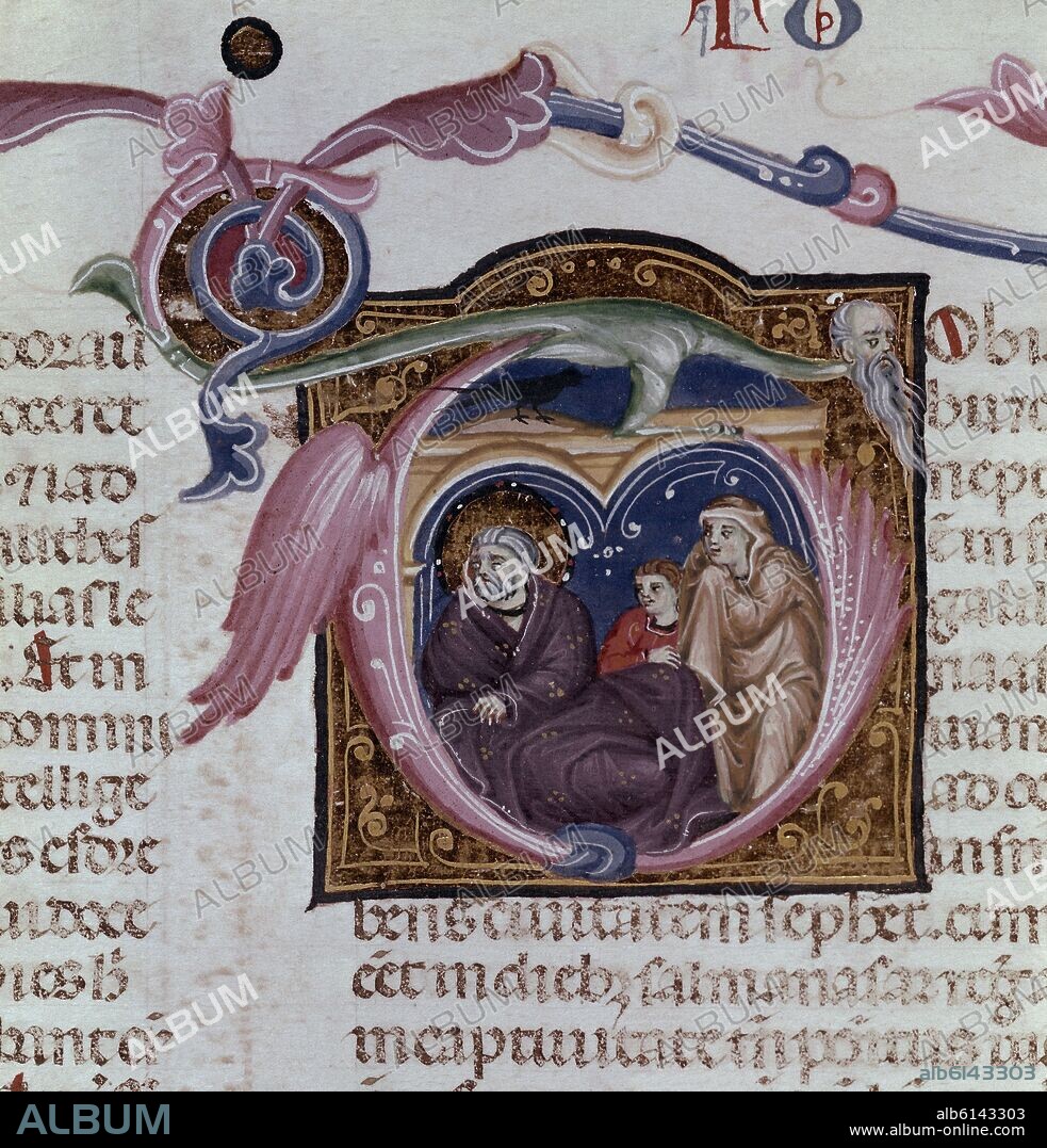 BIBLIA L.-ESCUELA DE BOLONIA-S XIII/XIV-LETRA CAPITULAR-TOBIT CON SU MUJER ANA Y SU HIJO TOBIAS.
