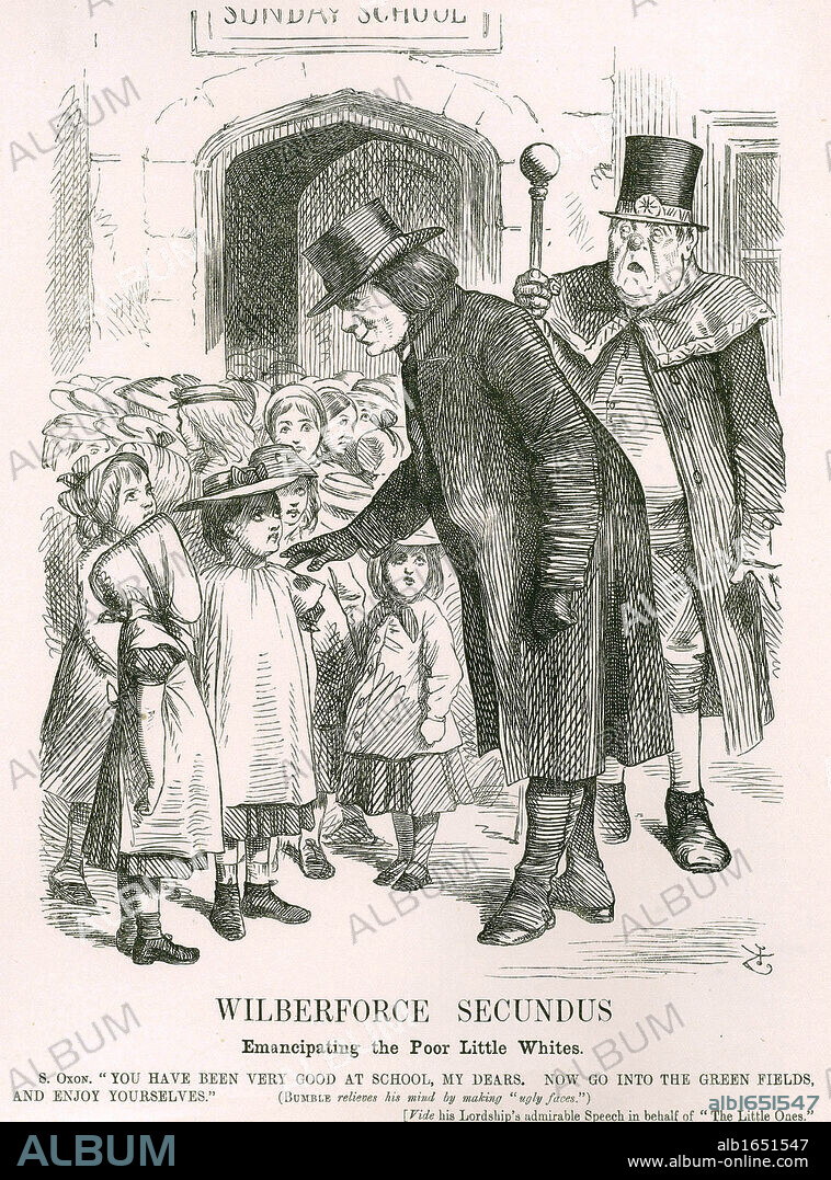 Wilberforce Secundus: Samuel Wilberforce (1805-1873) English cleric. Wilberforce, Bishop of Oxford, made a speech in favour of recreation for poor children. Legend alludes to his father William's work on abolition of slavery. John Tenniel cartoon from Punch, London, 7 September 1867.