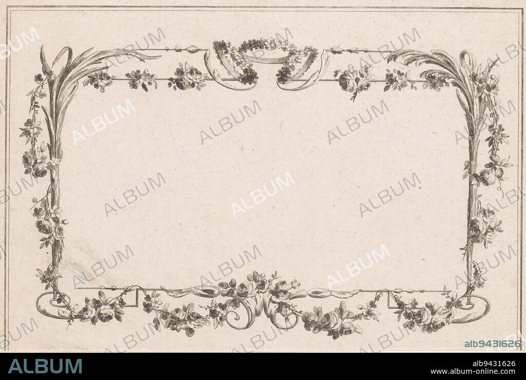 A rectangular frame with flowers, leaf motifs and three wreaths at the top, Frame with flowers and wreaths 17th Cahier de Cartels et Troph, print maker: Pierre Gabriel Berthault, intermediary draughtsman: Pierre Ranson, publisher: Esnauts & Rapilly, Paris, 1778, paper, etching, h 146 mm × w 224 mm.