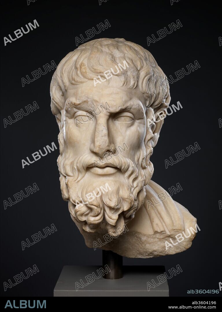 Marble head of Epikouros. Culture: Roman. Dimensions: 19 5/8 × 9 3/4 × 11 1/2 in. (49.8 × 24.8 × 29.2 cm). Date: 2nd century A.D..
Copy of a Greek statue of the 1st half of the 3rd century B.C.
The philosopher, who lived from 341 to 271 B.C., must have been honored by a portrait statue made late in his lifetime or soon after his death. Numerous Roman copies reproduce the same original, showing the esteem in which Epicurus' teachings were held.