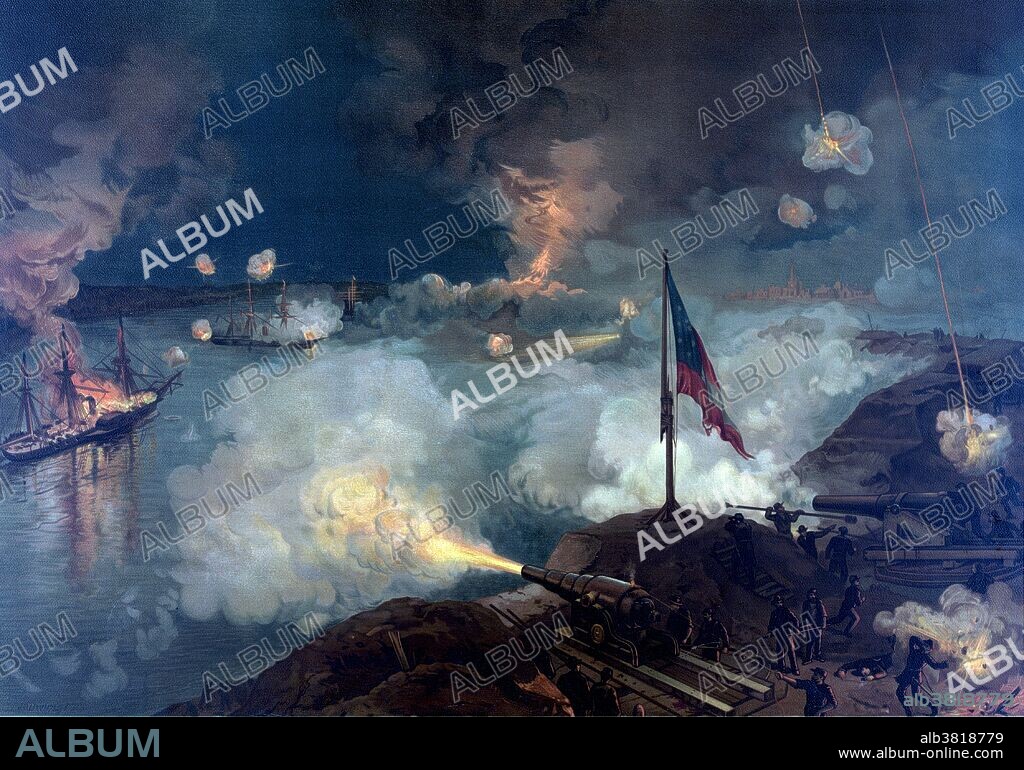 The Siege of Port Hudson, Louisiana (May 22 - July 9, 1863), was the final engagement in the Union campaign to liberate the Mississippi in the American Civil War. While Union General Ulysses Grant was besieging Vicksburg upriver, General Nathaniel Banks was ordered to capture the Confederate stronghold of Port Hudson, in order to go to Grant's aid. When his assault failed, Banks settled into a 48-day siege, the longest in US military history. A second attack also failed, and it was only after the fall of Vicksburg that the Confederate commander, General Franklin Gardner surrendered the port. This left the Mississippi open to Union navigation from its source to the Gulf of Mexico. Chromolithograph published by L. Prang & Company from painting by J.O. Davidson, 1887.