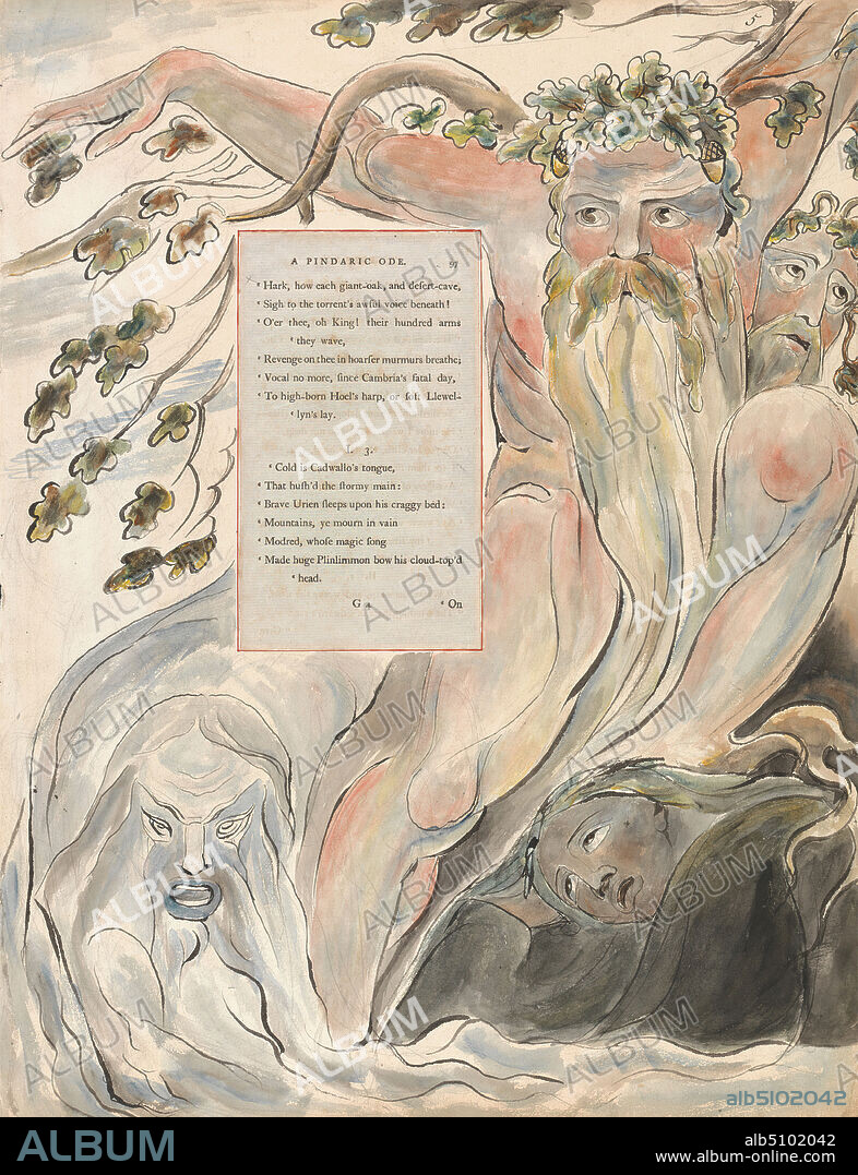 The Poems of Thomas Gray, Design 57, 'The Bard.', William Blake, 17571827, British, between 1797 and 1798, Watercolor with pen and black ink and graphite on moderately thick, slightly textured, cream wove paper with inlaid letterpress page, Sheet: 16 1/2 x 12 3/4 inches (41.9 x 32.4 cm), beard, branches, cliff, ghosts, leaf, literary theme, men, mountain, religious and mythological subject, rope, spirits, text, trees, vines, water.