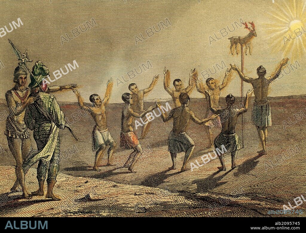 EVANGELIZACION DE AMERICA. FLORIDA. En el año 1569 el sol parecía la única divinidad venerada para los habitantes de esta región, celebrando anualmente el mismo ritual. "INDIGENAS ADORANDO AL SOL COLOCANDO EN UN POSTE LA PIEL DE UN CIERVO PARA SACRIFICARLO AL ASTRO REY". Grabado del año 1850.