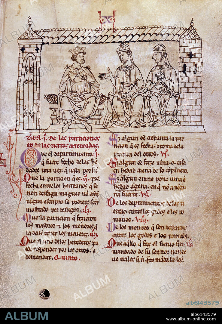 MINIATURA DE UN MANUSCRITO DEL FUERO JUZGO - SIGLO XIII - EL REY SISENANDO CON DOS PRELADOS.