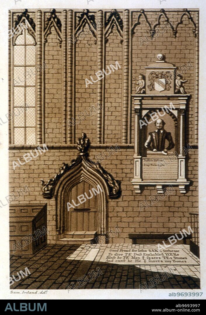 Shakespeare - Monument in the church at Stratford-on-Avon. From Samuel Ireland "Picturesque Views on the Upper or Warwickshire Avon...1795.