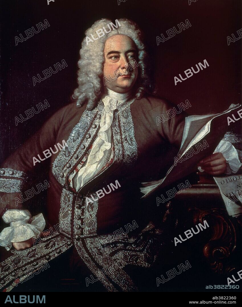 Handel portrait by Painting by T. Hudson, 1749. George Frideric Handel (March 5, 1685 - April 14, 1759) was a German-British Baroque composer, famous for his operas, oratorios, anthems and organ concertos. He received critical musical training in Halle, Hamburg and Italy before settling in London (1712) and becoming a naturalized British subject in 1727. He was strongly influenced by the great composers of the Italian Baroque and the middle-German polyphonic choral tradition. Handel, a dramatic genius, started three commercial opera companies to supply the English nobility with Italian opera. Handel is regarded as one of the greatest composers of all time. He composed forty operas and many are considered masterpieces, with sweeping arias, remarkable human characterization, and improvisations. He died in 1759 at the age of 74. The last performance he attended was of Messiah. He was buried in Westminster Abbey. After Handel's death, many composers wrote works based on or inspired by his music. No artist credited, undated.