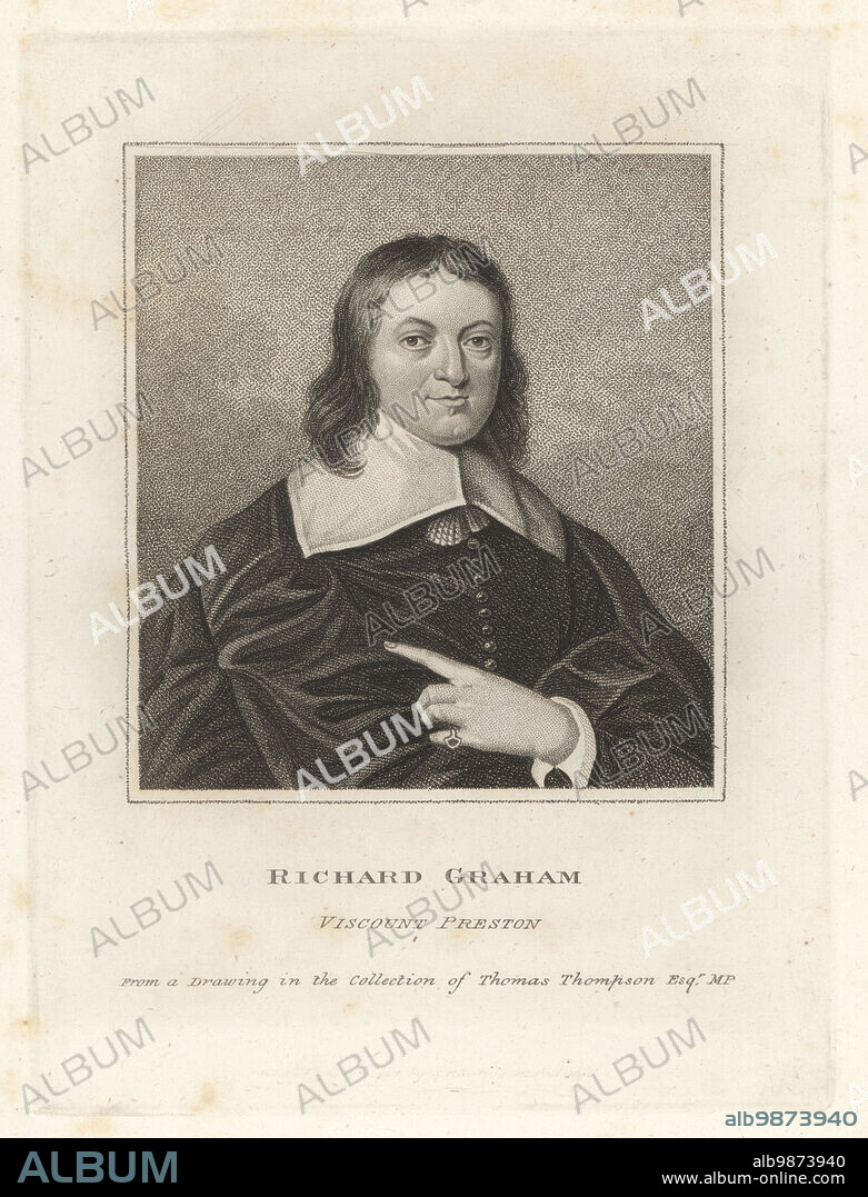 Richard Graham, 1st Viscount Preston, English diplomat and Jacobite conspirator, 1648-1695. In cloak, broad collar, doublet and pinky ring. From a drawing after Simon du Bois in the collection of Thomas Thompson. Copperplate engraving from Samuel Woodburns Gallery of Rare Portraits Consisting of Original Plates, George Jones, 102 St Martins Lane, London, 1816.