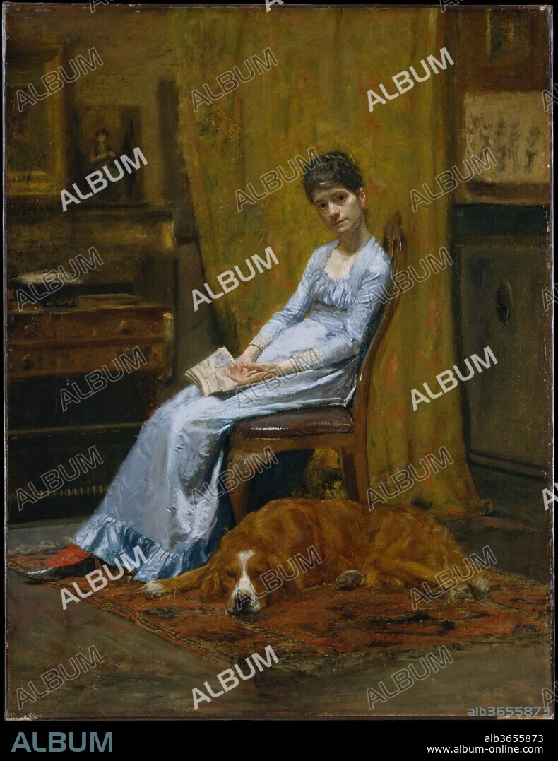 The Artist's Wife and His Setter Dog. Artist: Thomas Eakins (American, Philadelphia, Pennsylvania 1844-1916 Philadelphia, Pennsylvania). Dimensions: 30 x 23 in. (76.2 x 58.4 cm). Date: ca. 1884-89.
Eakins began this portrait shortly after his marriage in January 1884 to his former student, Susan Hannah Macdowell (1851-1938), a talented painter and photographer. The setting is his studio at 1330 Chestnut Street in Philadelphia, where the couple--and their dog, Harry--lived from 1884 to 1886. A photogravure of the painting from 1886 reveals a more robust woman, suggesting that Eakins reworked the portrait, amplifying the effect of the skylight's illumination. The alterations may have reflected Eakins's anguish over his controversial dismissal from the school of the Pennsylvania Academy of the Fine Arts, partly for removing the loincloth from a male model in a co-ed class.