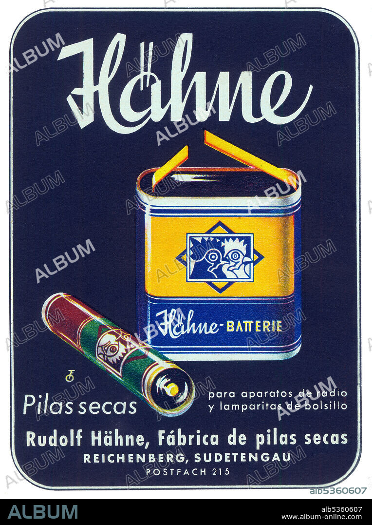 Publicidad. Fábrica de baterías y pilas secas Hähne. Alemania, año 1943.