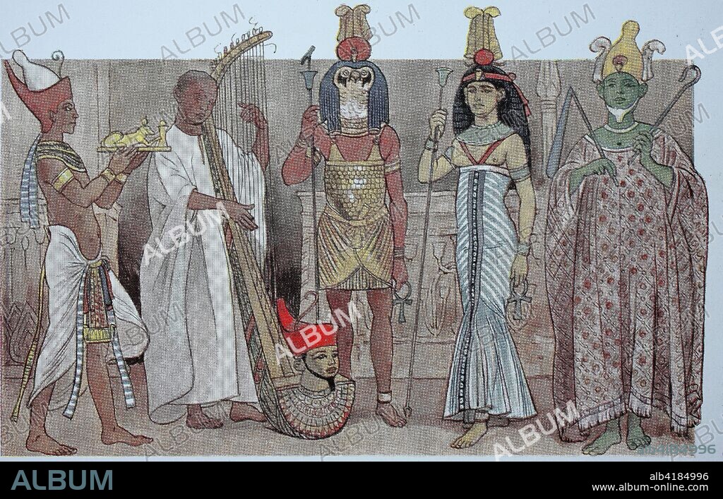 Clothing in ancient Egypt, new kingdom 1600-1100 BC, from left, king at sacrifice with golden ointment, blind priest with harp, the god Mont of Hermonthis with sparrow head, feather headdress, sun disk and uraeus snake, the queen as goddess and the god Osiris in humanized presentation, digital improved reproduction of an original print from the 19th century.
