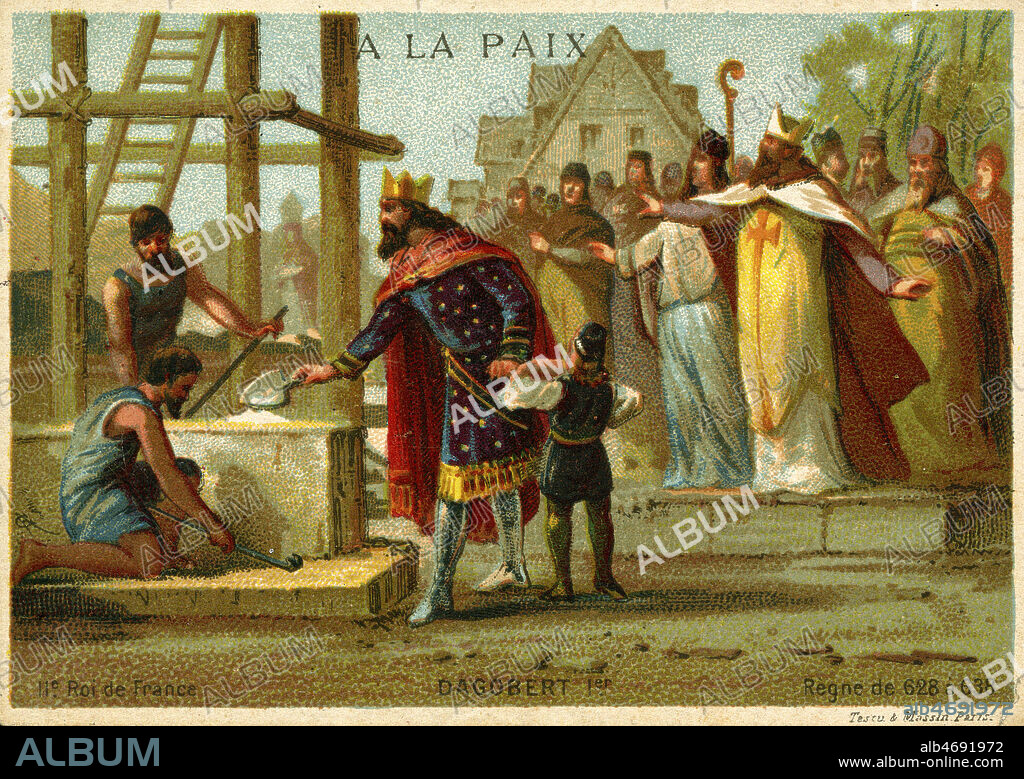 Dagobert 1er (602-638) pose la premiere pierre de la basilique de Saint-Denis, avec St Eloi en arriere-plan. Chromo publicitaire vers 1895, illustration anonyme. Credit : Collection IM/KHARBINE-TAPABOR.